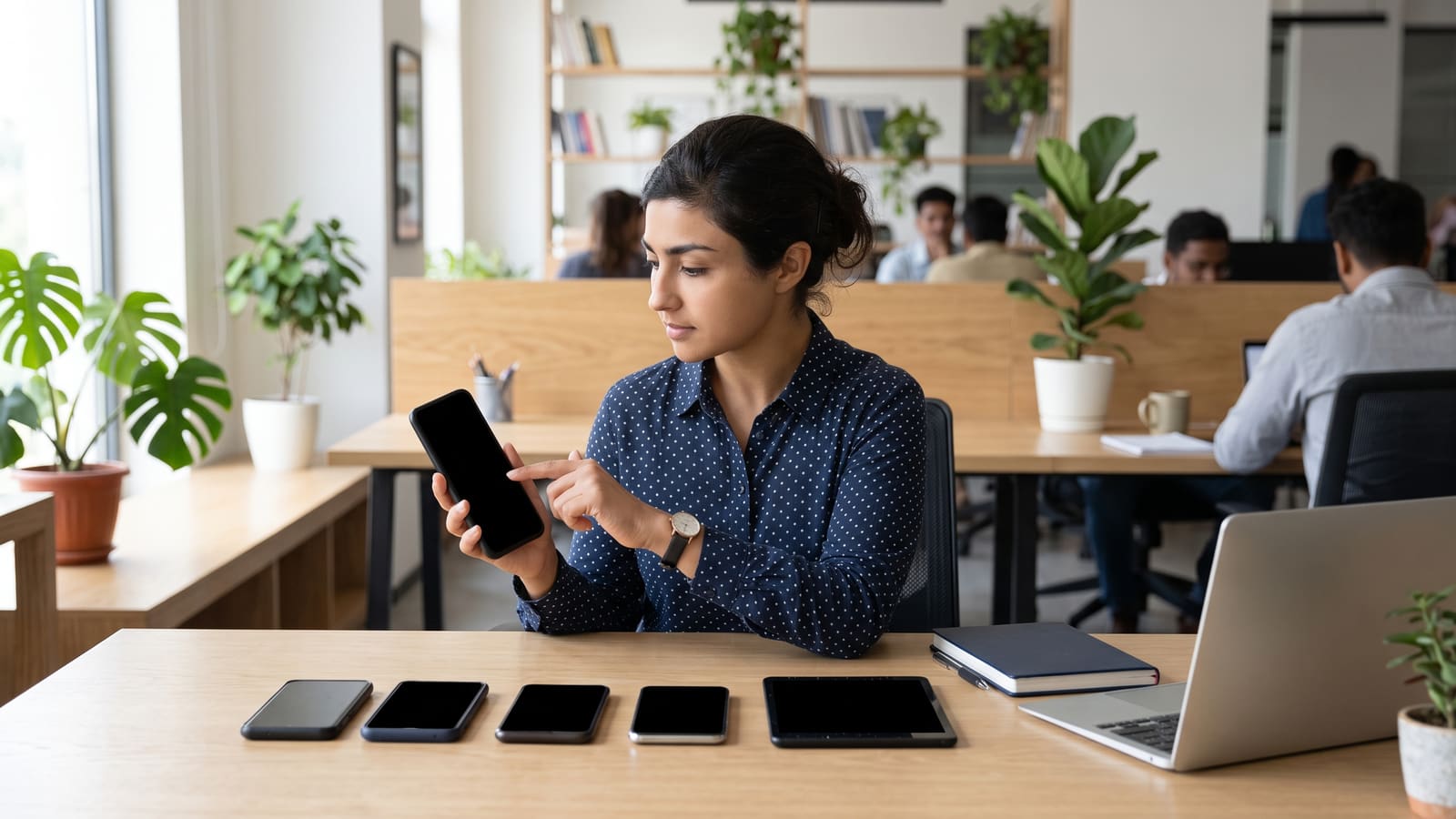 A developer tests an app on a phone at her desk, with other phones and a tablet lined up in front of her