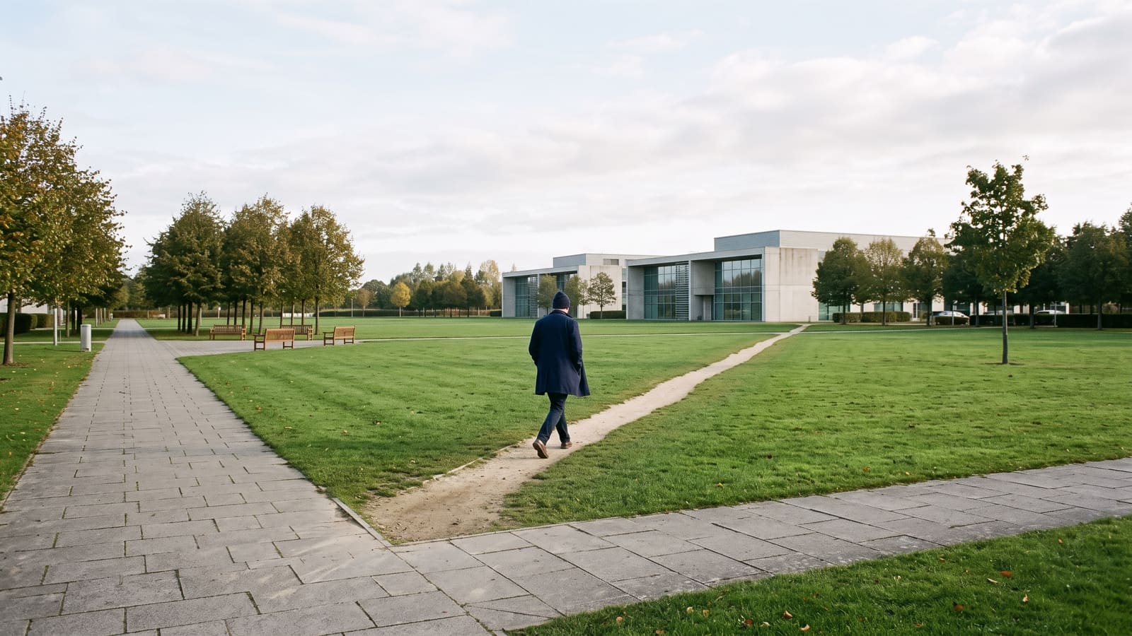 A worn footpath cuts diagonally across a lawn between two paved paths in a business park