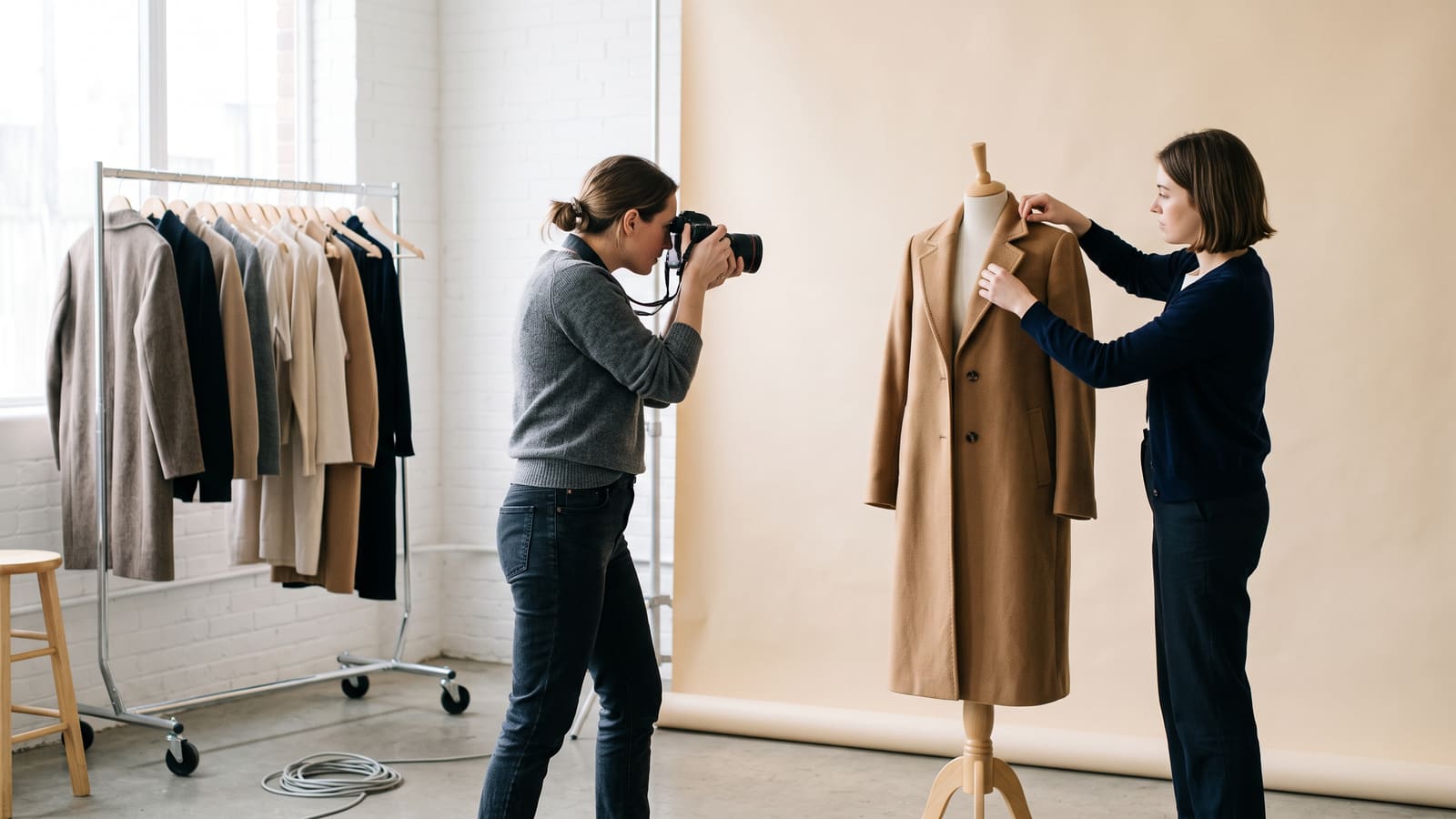 A photographer shoots a camel wool coat on a mannequin while a stylist adjusts the collar