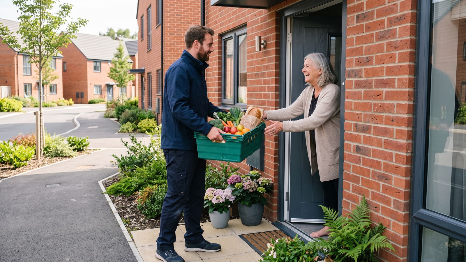 A delivery driver hands a crate of fresh groceries to a smiling woman at her front door