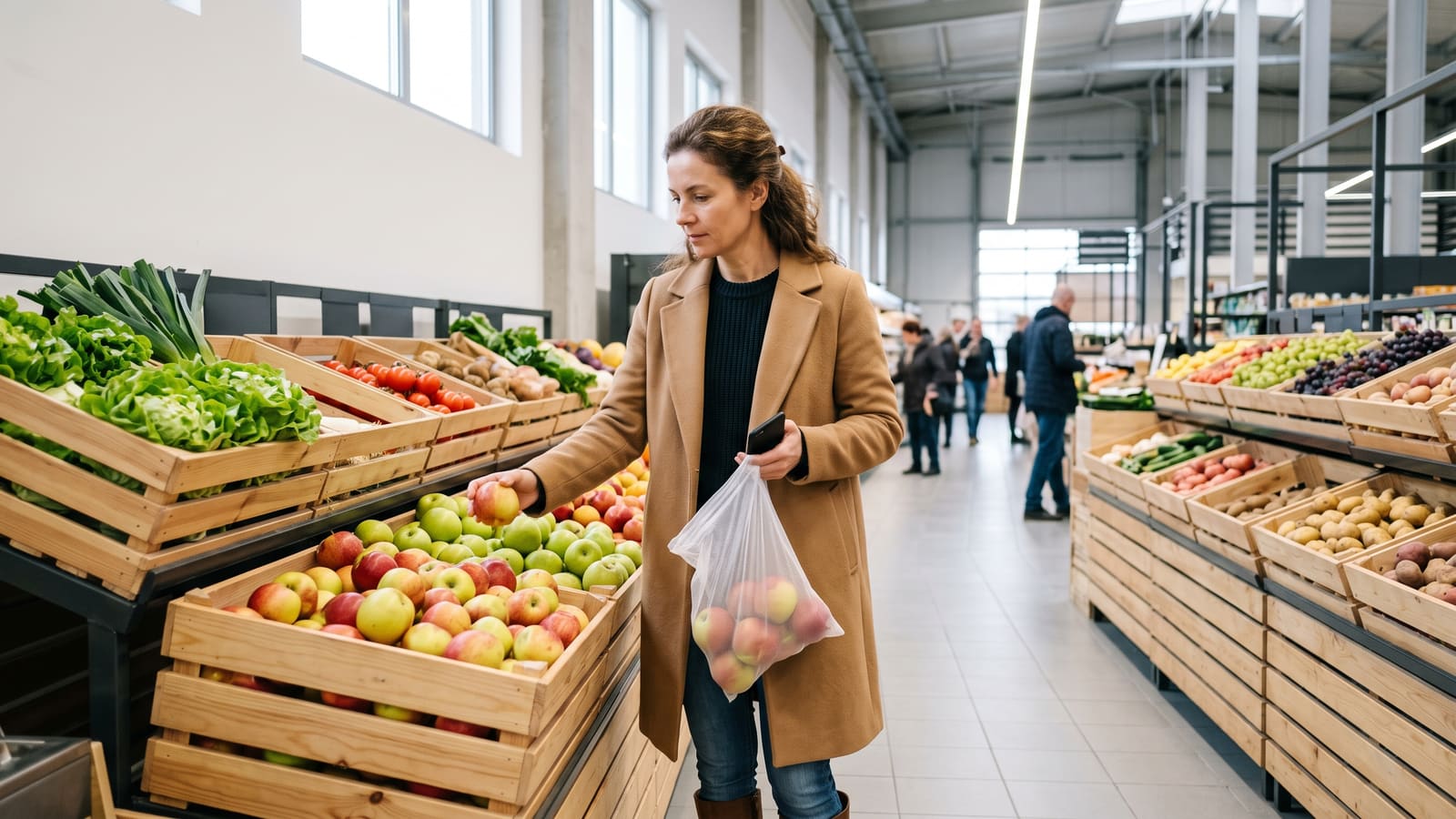 A shopper picks apples in a bright modern supermarket with a phone in her hand