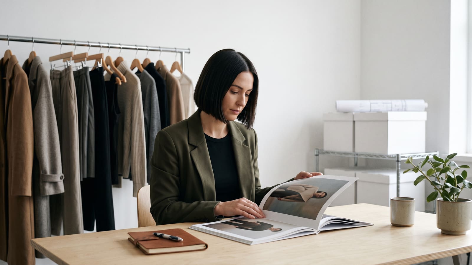 A fashion editor leafs through a printed lookbook in a bright studio office