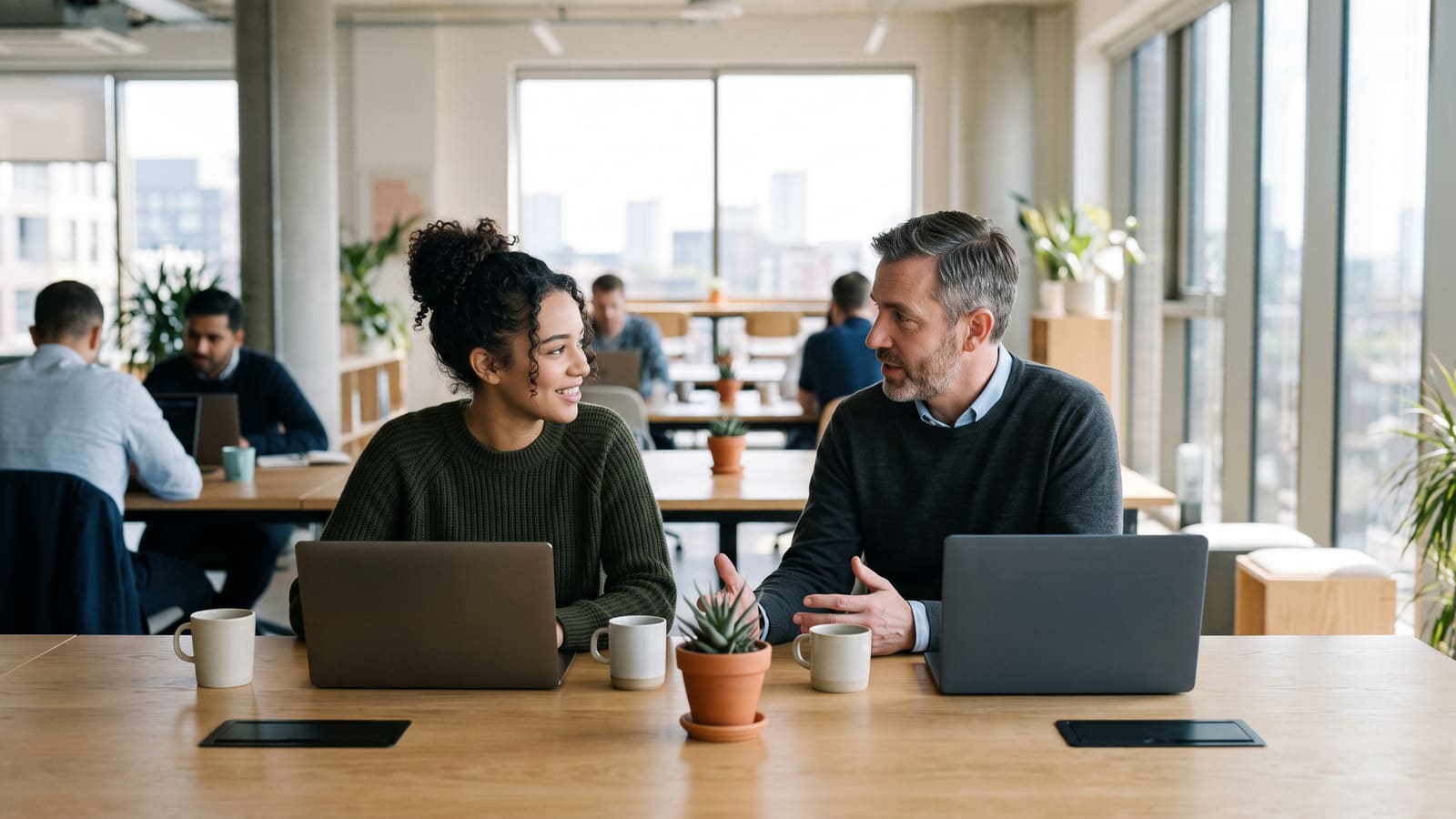 A developer and an operations engineer talk side by side at a shared desk