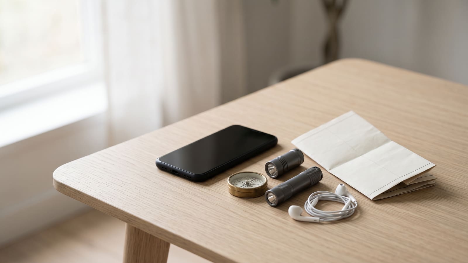 A phone on a desk beside a compass, two torches, earphones and a folded map