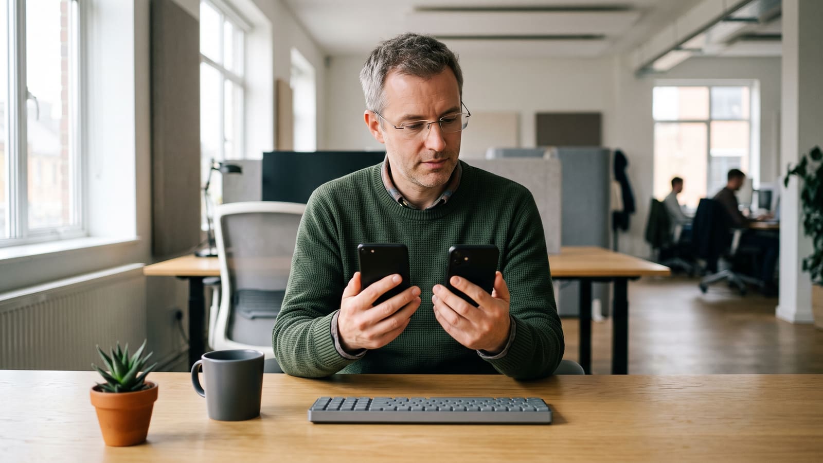 A developer compares an app on two phones held side by side at his desk