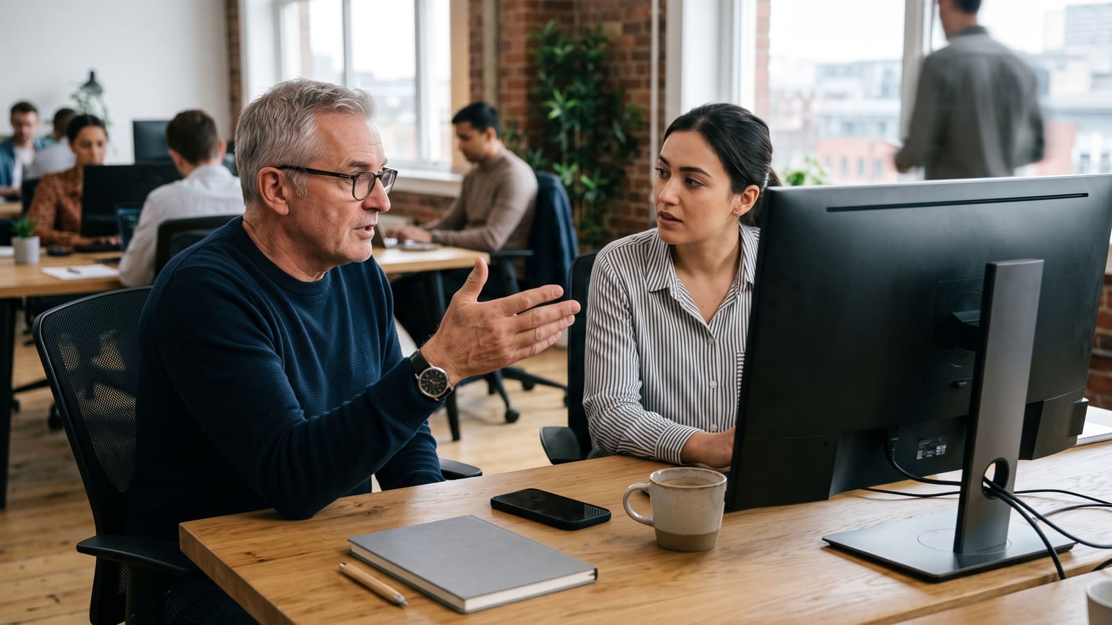 A senior developer explains something to a younger colleague at her desk