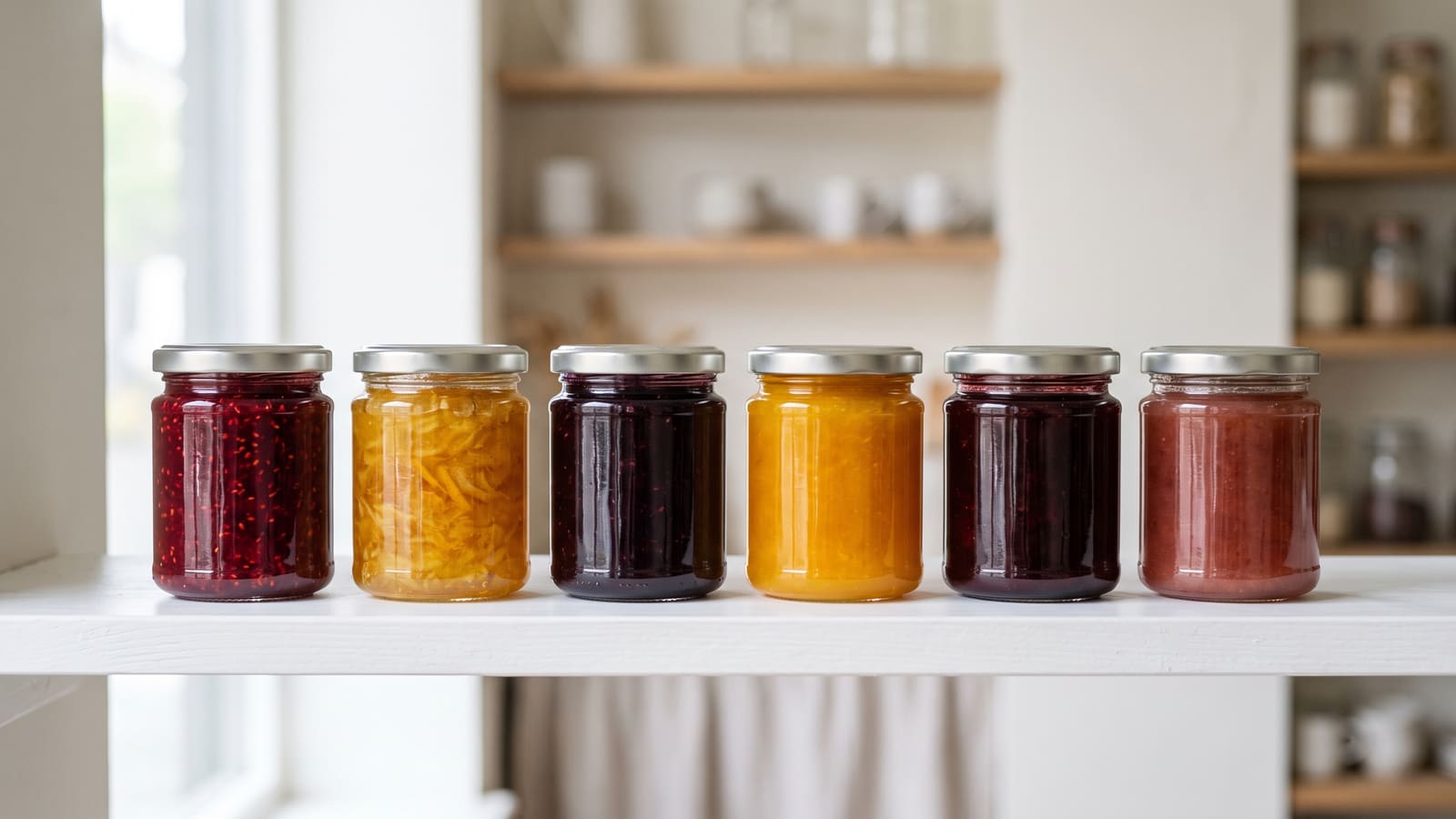 A small selection of six jars of homemade jam on a white shelf