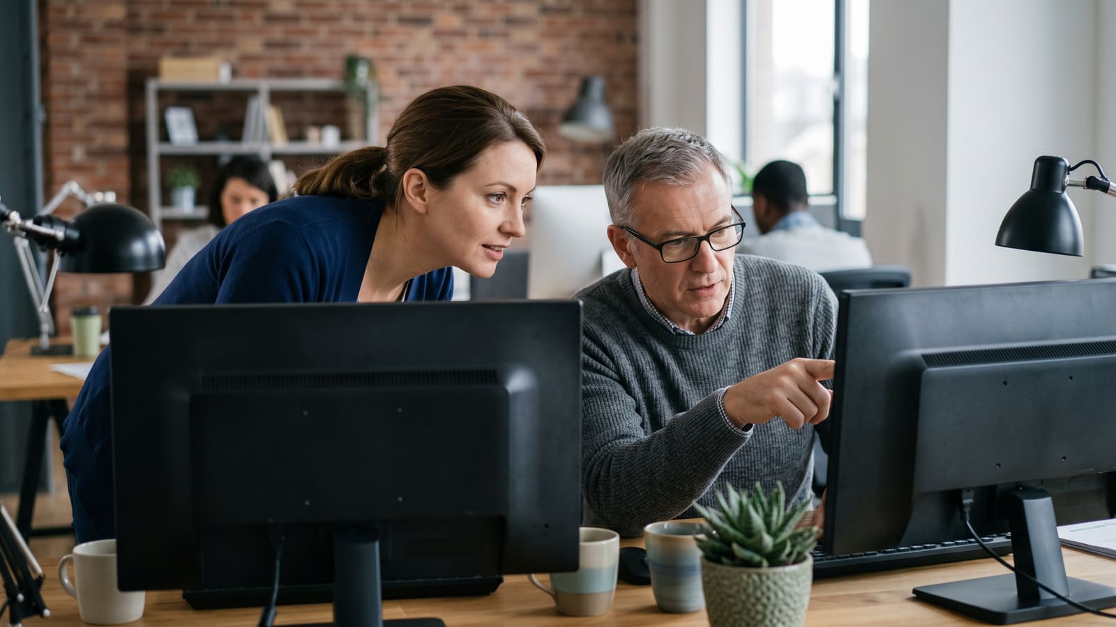 Two engineers lean in towards their monitors, one pointing at the other's screen