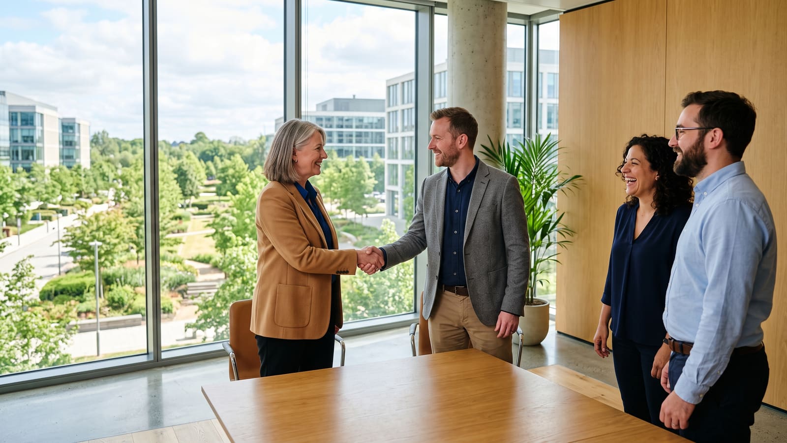 A business director shakes hands with the lead of a software partner team in a bright meeting room