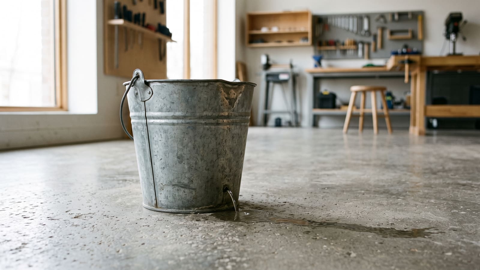 Water trickles from a small hole in a metal bucket on a workshop floor