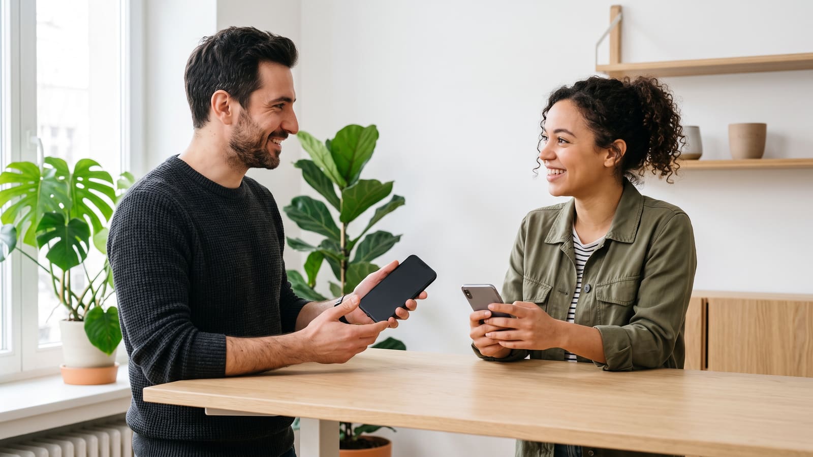 Two mobile developers test an app on two phones at a standing desk